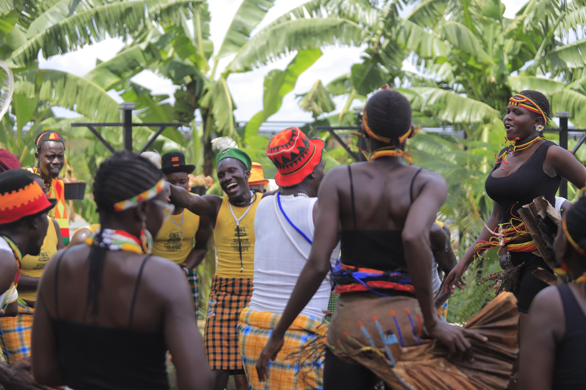 Performers dancing together among the trees